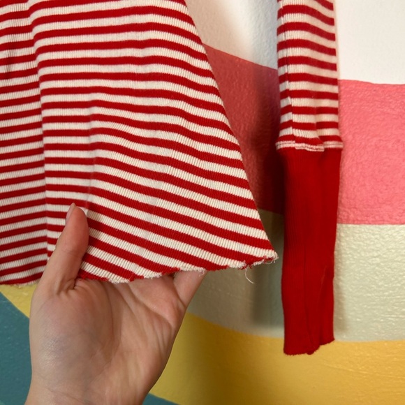Free People Raw Hem Red and White Stripe Fit and Flare Cuffed Long Sleeve Top - Picture 3 of 6
